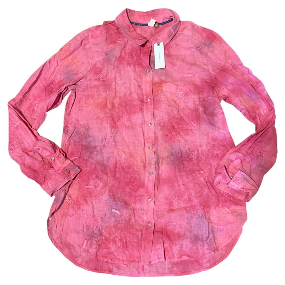 Anthropolgie | Pilcro Embroidered Pink Rose Tie Dye Button Front Top XS NWT